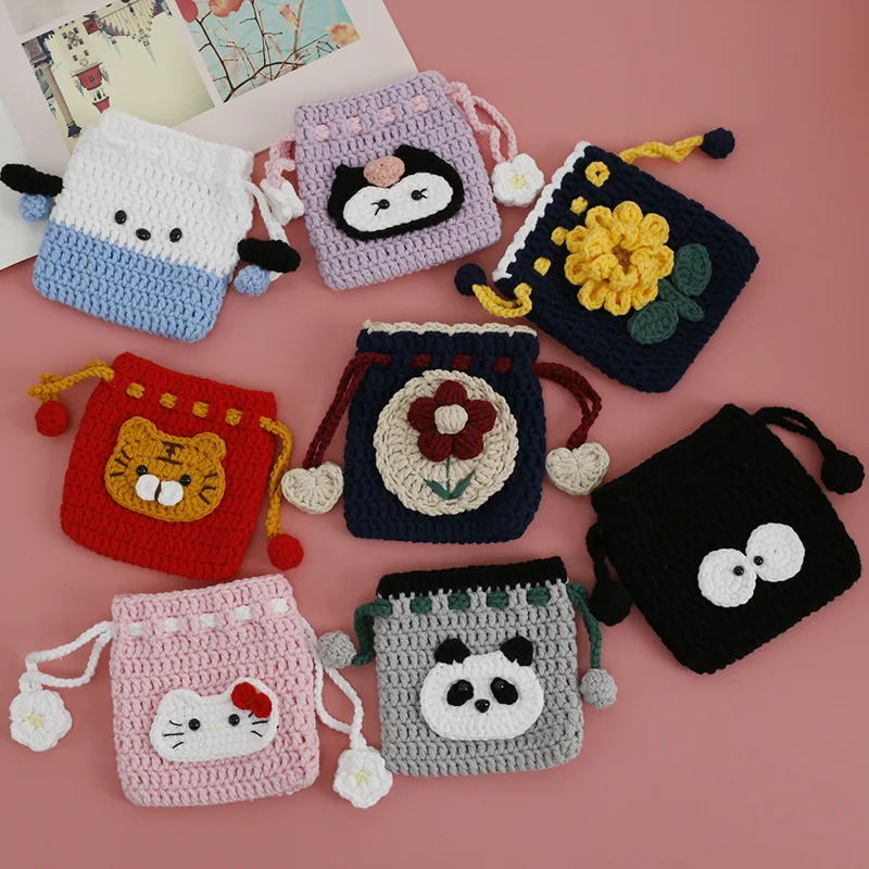 2025 New Fashionable Cartoon Hand-woven Drawstring Bag Weaver Girl Crocheted Drawstring Coin Bag Cute Animals Small Bag