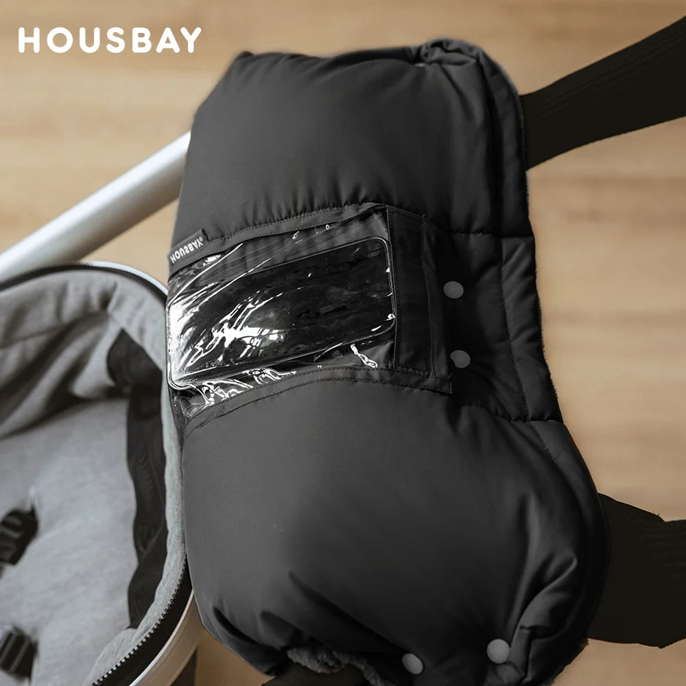 

Universal Baby Stroller Handle Gloves With Phone Pouch And Tissue Bag For Winter Warm Windproof Anti-Freeze Black