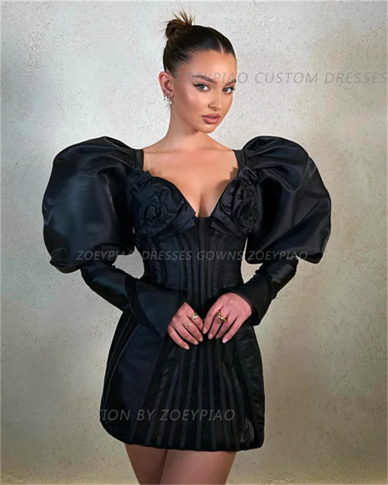 Luxury Black Sheath Short Evening dress Sexy Mini Satin Full Sleeves Skirt V Neck Cocktail Formal Event Occasion Party dress