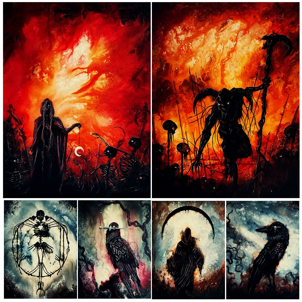 

Witches And Demons In The Hellfire Vintage Wall Art Raven,Black Cat,Elk,Skeleton Fantasy Magic Element Art Poster Pirnt Decor