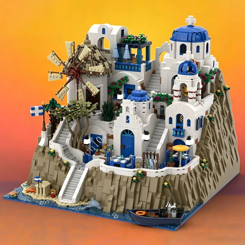 

6696 PCS Greek Island Vacation Santorini-style Building Blocks Model Coastal Town Scene Assembly Gift For Adults Home Decoration