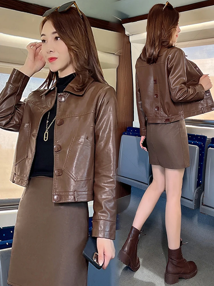 レトロオルトジャエット女性のバイカースレカジュアルスリムフィットレザーコート春秋ファイオン高品質レディースコート