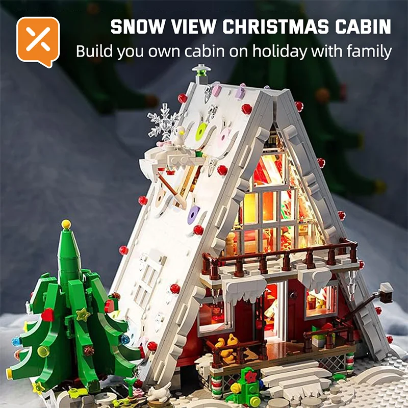 Creative 2159Pcs Christmas Tree Winter Village House With Lights Model Building Blocks MOC Snow Hut Mini Bricks Toys Xmas Gifts