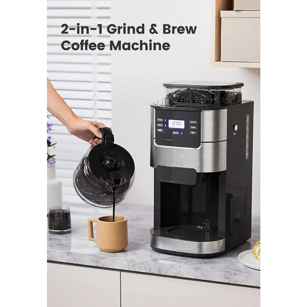 Koffiemolen, 10-Cup & 1.5l Waterreservoir, Programmeerbaar Malen & Brouwen, Houd Warme Braammolen Combo, Koffiebonenmolen