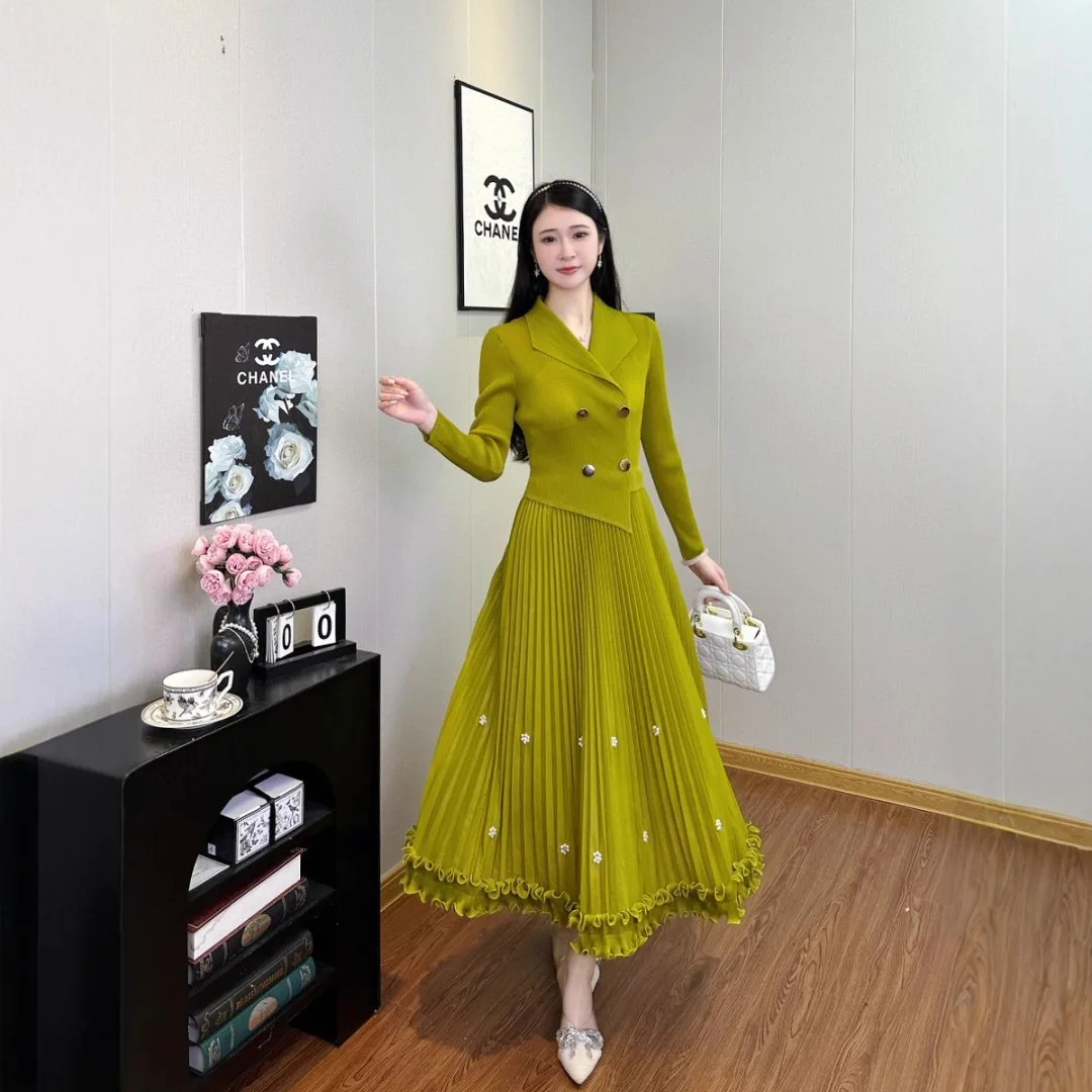 

miyake Fashion Patchwork Folds Dress Women's Suit Collar Long Sleeve High Waist A Line Dresses 2025 Summer New Tide