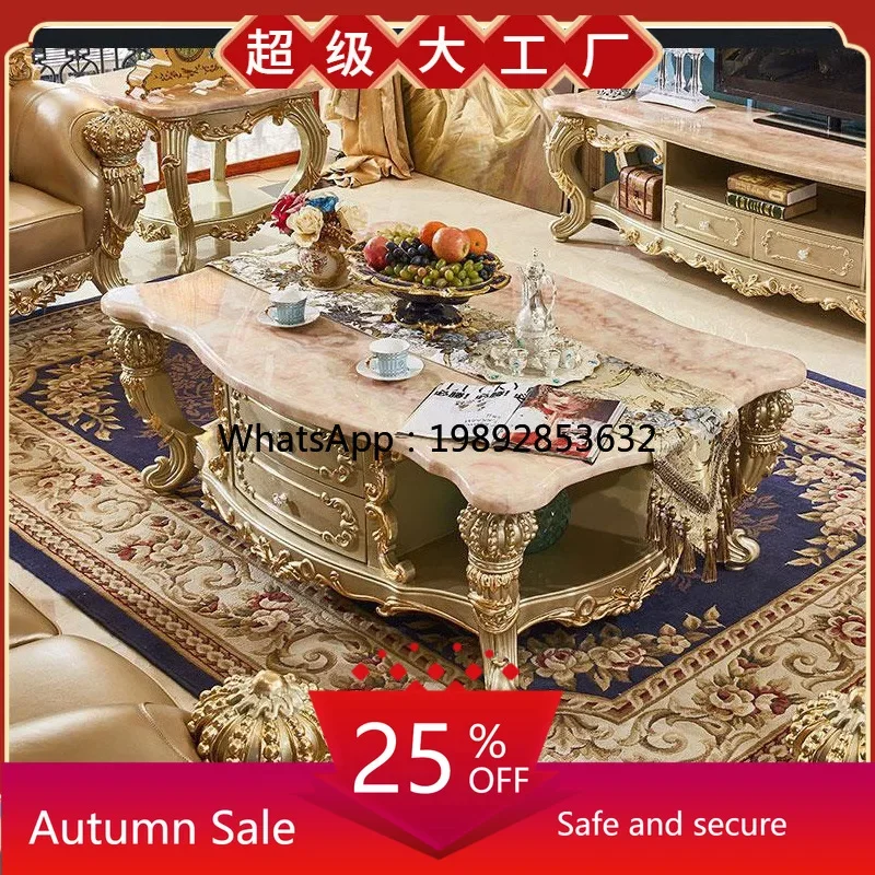 

LYY Living Room Villa Luxurious Champagne Gold Crown Solid Wood Carved Tea Table Marble