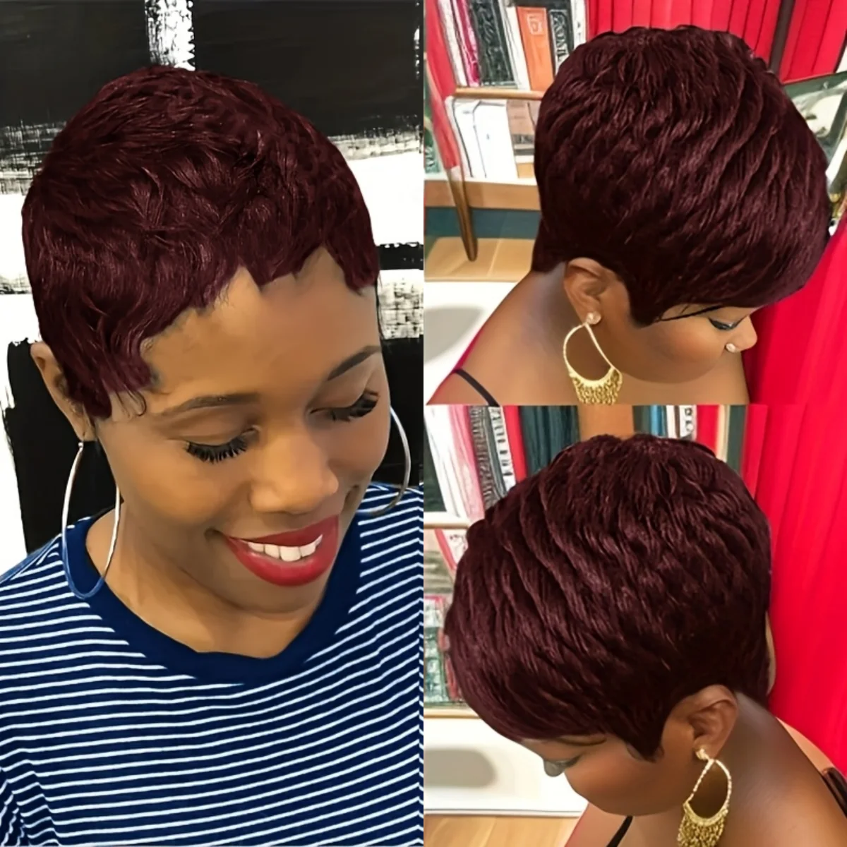 ショートブラウンフルマシンメイドウィッグ人毛ショートナチュラルストレートレイヤードカットピクシーウィッグ