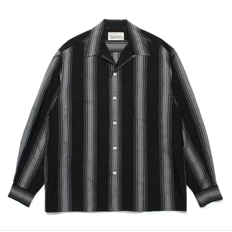 Urban Mens Womens Trendy Simple Stripe Cuban Collar WACKO MARIA Shirt Best Quality Autumn Brand Loose Hawaii Long Sleeve Shirt