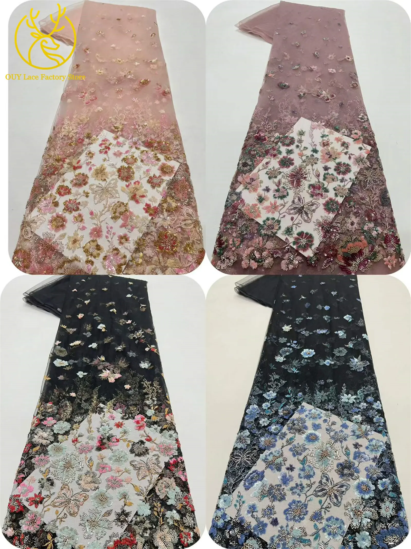 5 Yards afrikanischer handgefertigter bestickter Spitzenstoff, hochwertige französische Pailletten-Tüllspitze, nigerianisch, für Brautkleider – Detail 3