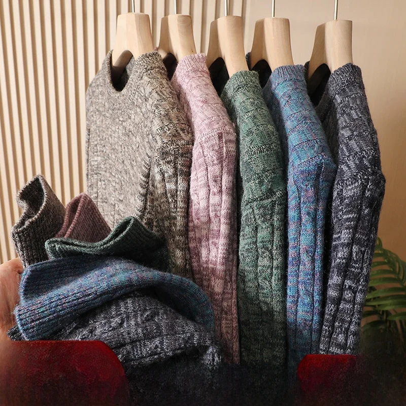 

Теплый вязаный свитер в городском стиле, повседневный, с длинным рукавом, круглым вырезом, из шерстяной пряжи, под кафеманто, для мужчин, осень-зима