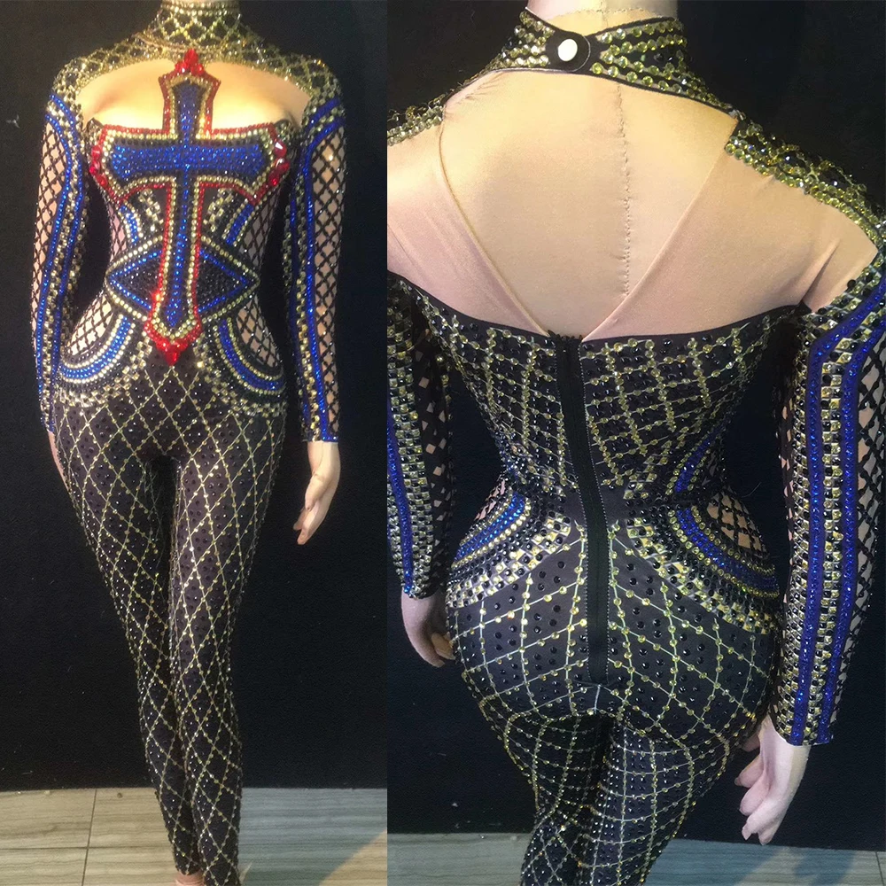 Sparkling Colorful Crystals Rhinestones Women Jumpsuit Long Sleeve Spandex Elastic Singer Performance Stage Jazz Dance Costume