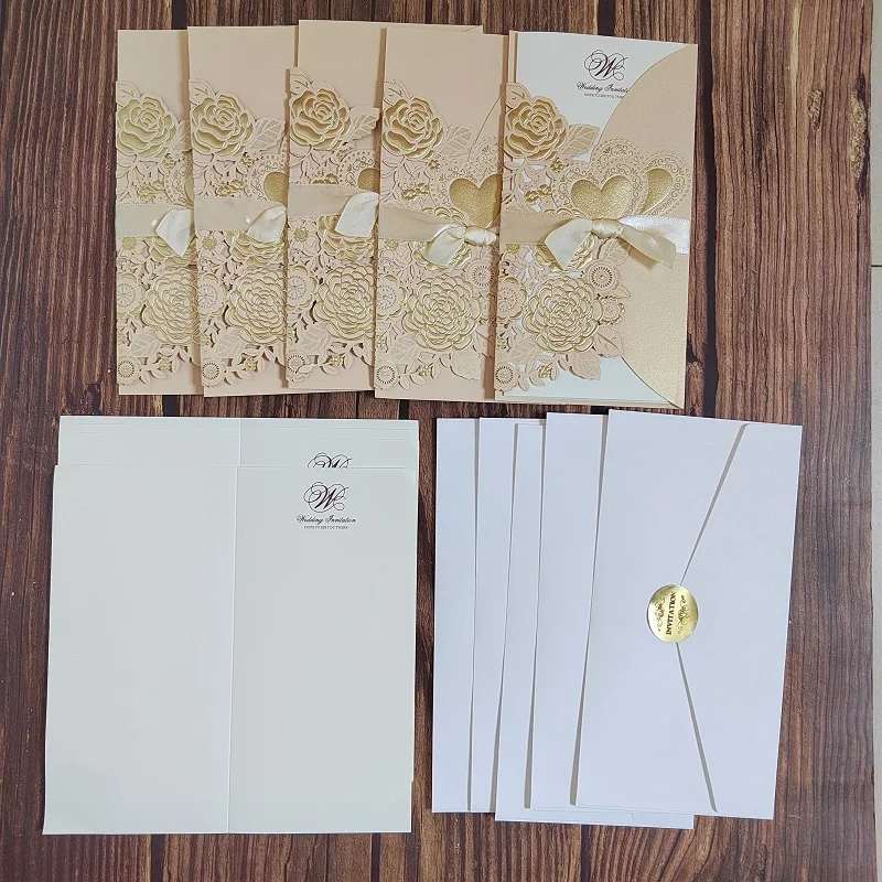 10/50pcs Laser Cut Gold Wedding Invitations Card Kit with Blank Insert & Envelopes Embossed Floral Bowknot Embellishments