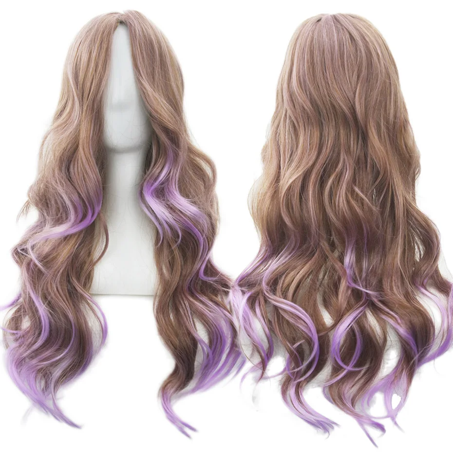 light purple melange linen, medium parted long curls cosplay wigs