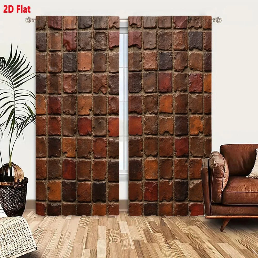 2Pcs Curtains 2D Flat Textured Wall Surface With Small Square Tiles In Earthy Reddish Brown And Terracotta Shades Window Drapes