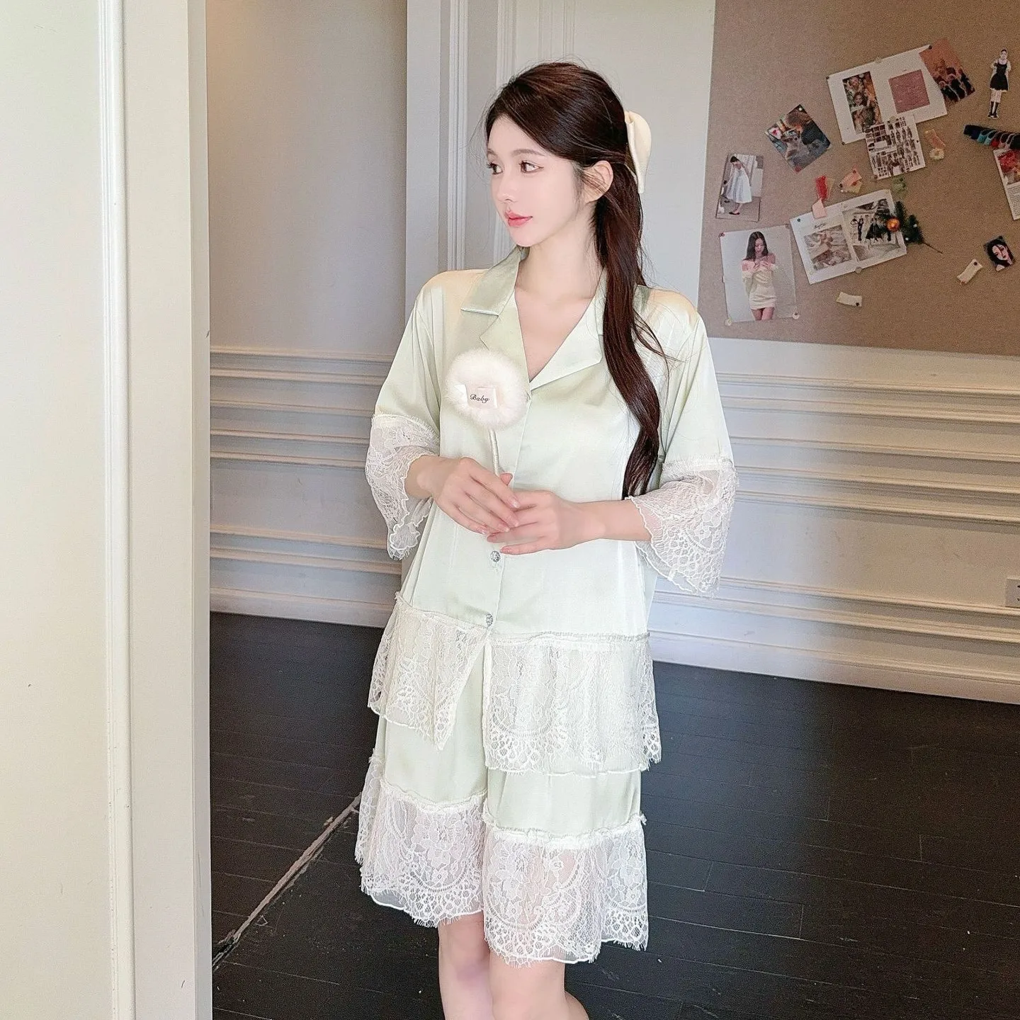 

Elegant Female 2PCS Pajamas Set Homewear Patchwork Lace Short Sleeve Shirt Shorts Suits Loose Satin Pyjama Loungewear