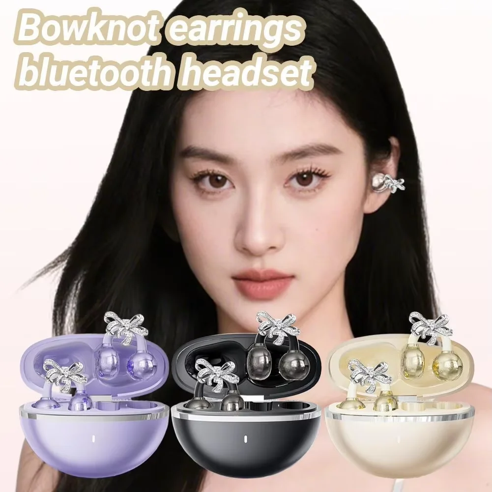 

Jewelry Ear Clip Wireless Earbuds Bow Earrings Bluetooth 6.0 40h Long Battery Life Call Noise Reduction For Women's Fashion Gift