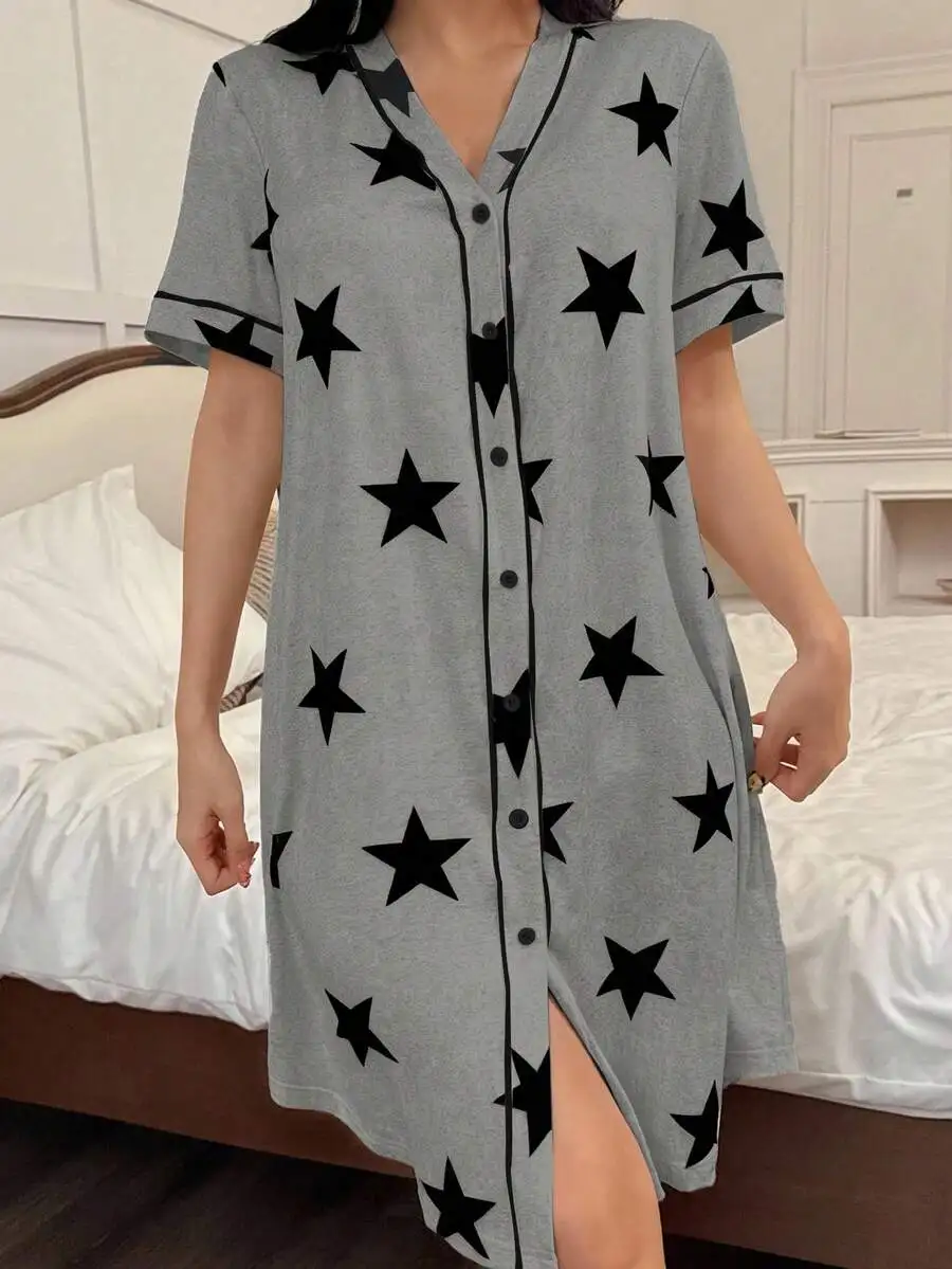 Women V-Neck Short Sleeve Star Print Nightgown Comfortable Sleepwear Lounge Dress
