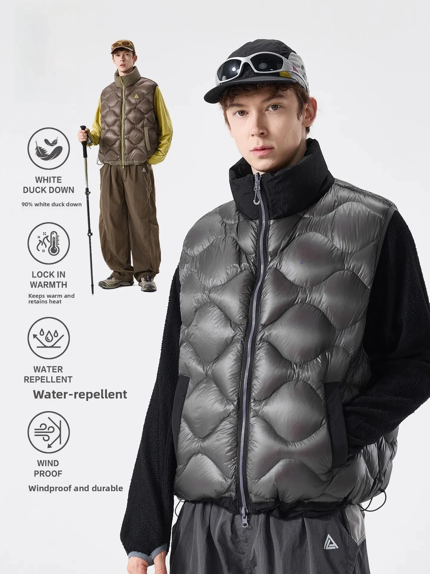 LAZY DAY Double-Sided Wear 90 White Duck down Vest Men's Outdoor Casual Warmth Jacket Nylon Fabric Youth Autumn Winter