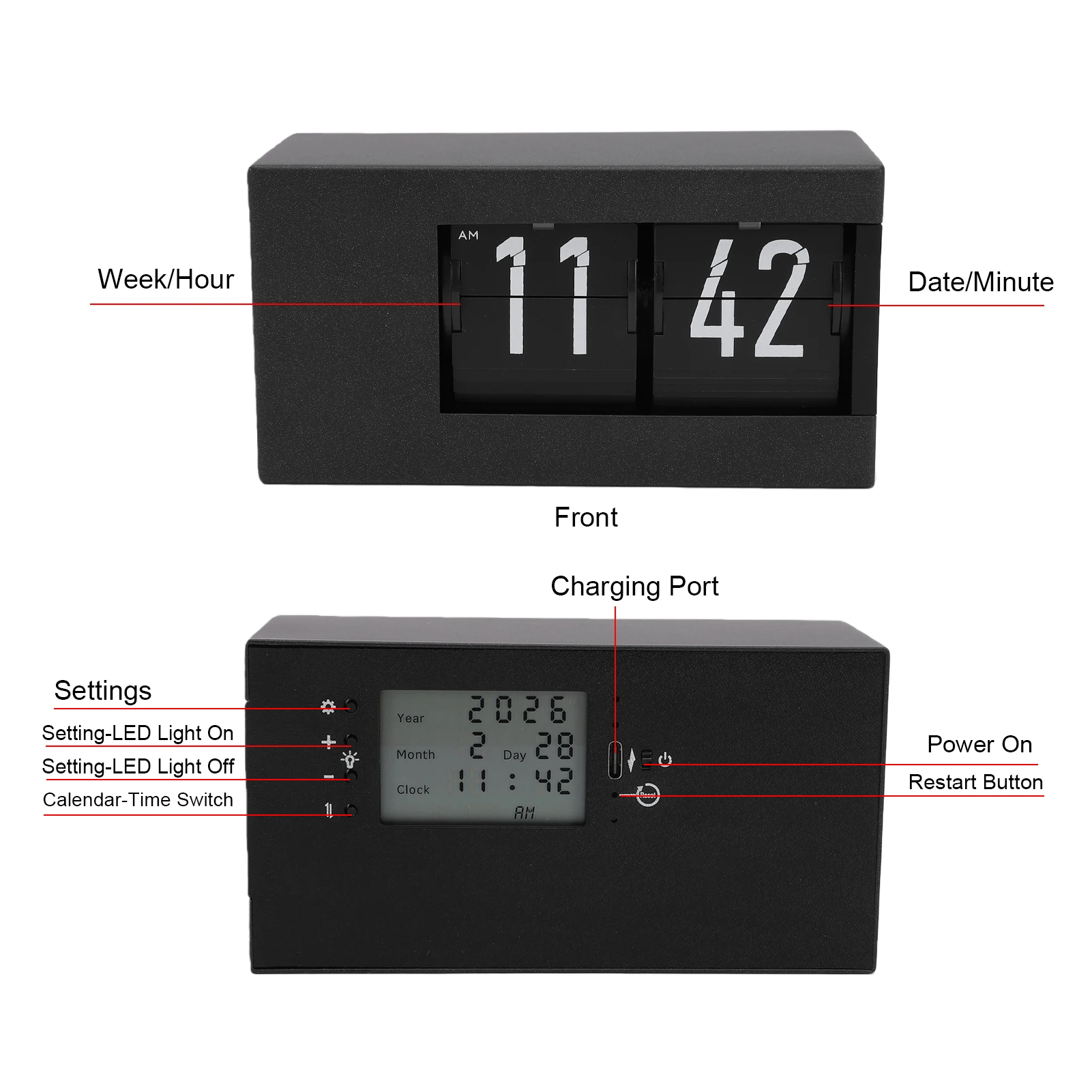 【New】Calendar Flip Clock LED Display Auto Page Turning 12 Hour AM PM Retro Perpetual Calendar Flip Clock