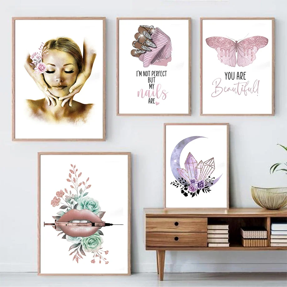 Lip Botox Butterfly Nail Tech Moon Wall Art Canvas Painting Nordic Posters And Prints Wall Pictures For Beauty Salon Decor
