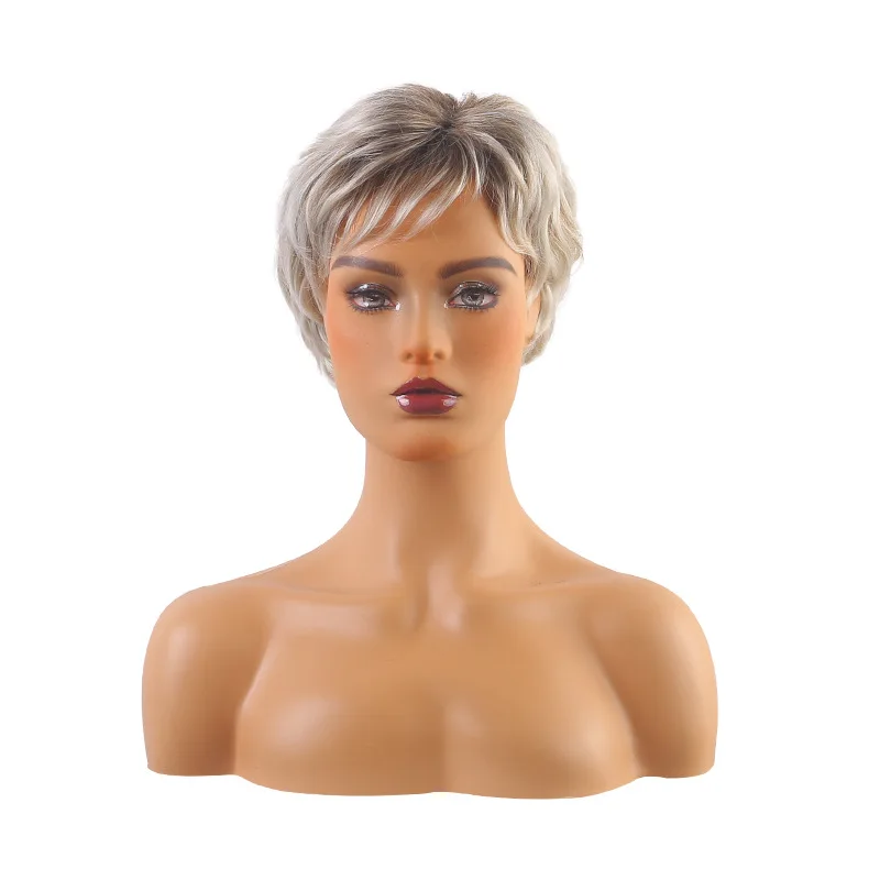 Parrucca naturale per capelli corti di colore misto grigio-marrone moda donna Parrucca a testa piena con frangia soffice Parrucca di vendita calda