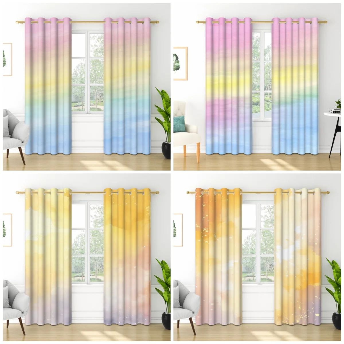 

Pastel Watercolor Gradient Curtains Window Drapes For Bedroom Living Room 2PCS Grommet Top Minimalism Blackout Window Curtains