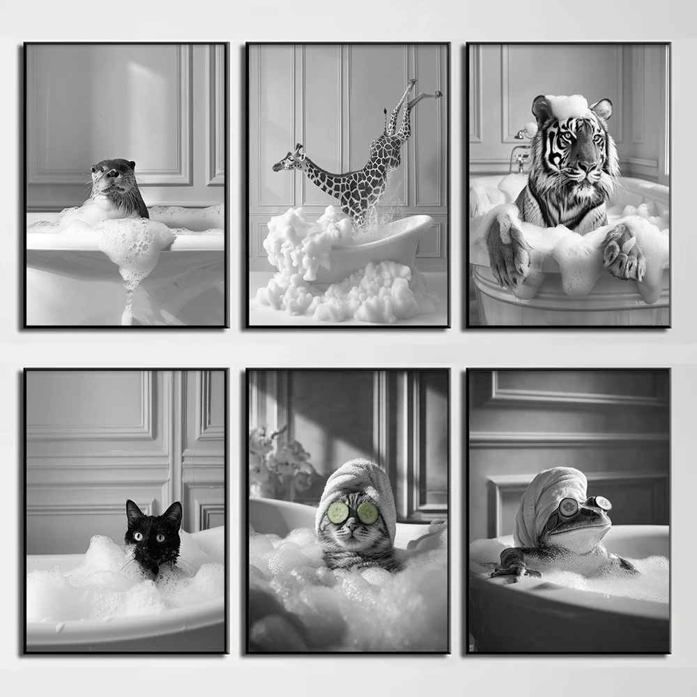 Black and White Animal Bathtub Funny Abstract Tiger Cat Fox Canvas Painting Wall Art Poster Picture Home Decor Mural Cuadros