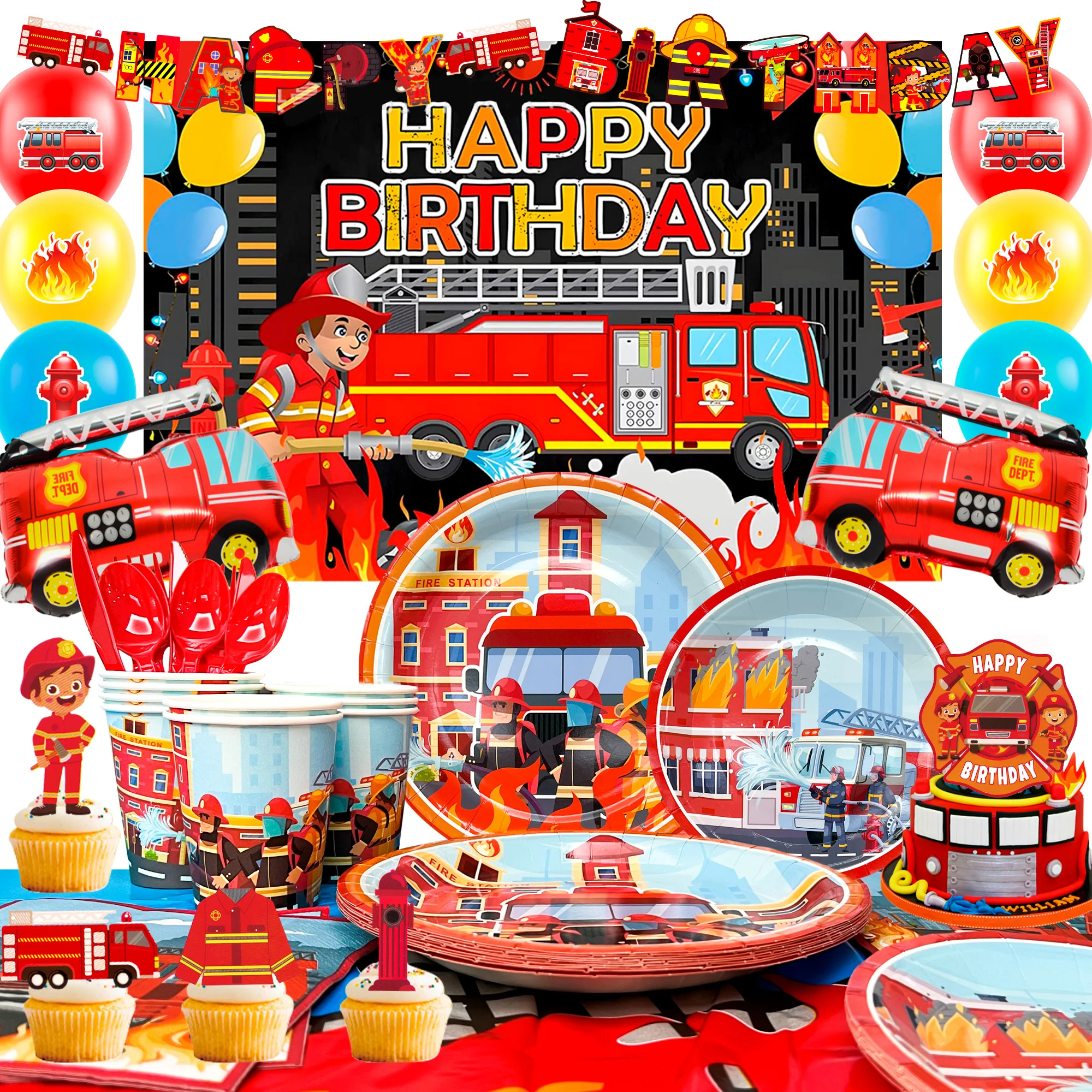 Fire Truck Birthday Party Supplies,114pcs Decorations&Tableware Set-Fire Truck Party Plates Cups Napkins&Themed Balloon Back etc