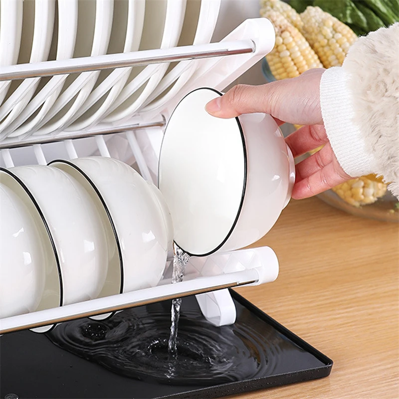 Dish Drying Rack Plates Pan Fold Double Layer Shelf Plastic Kitchen Organizer Holder Dish Rack Sink Draining Bowl Storage Stand