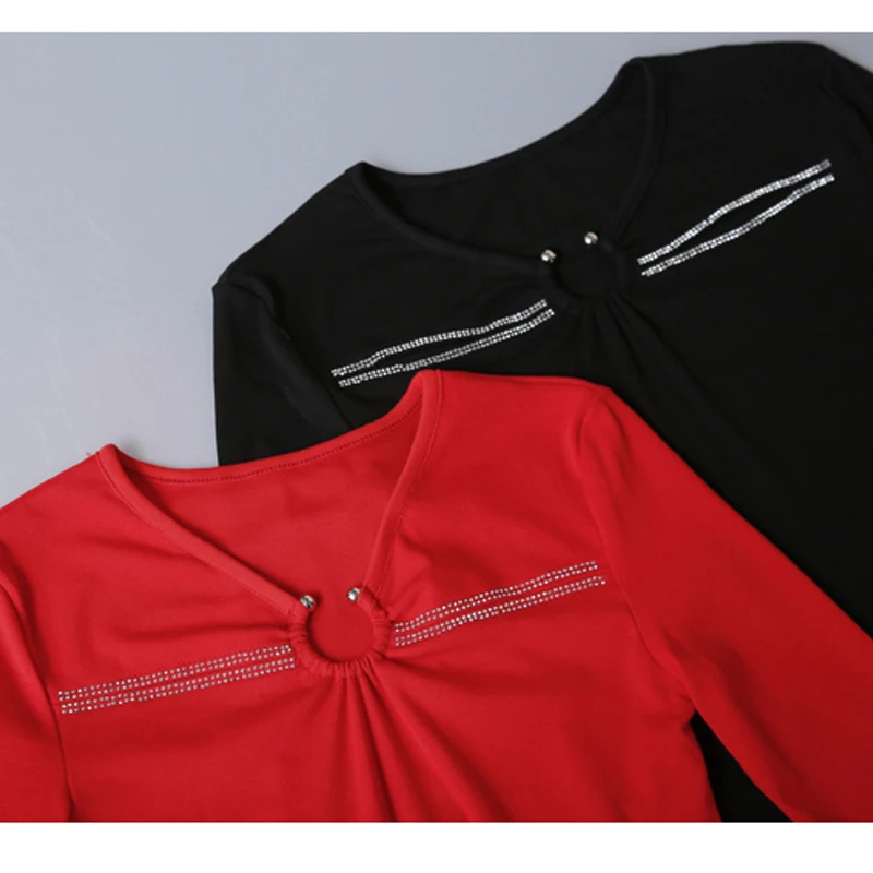 MadBlack – Camiseta feminina europeia, top sexy com decote em V e diamantes quentes, roupa de balada de manga comprida slim oca, outono inverno T4N502CC