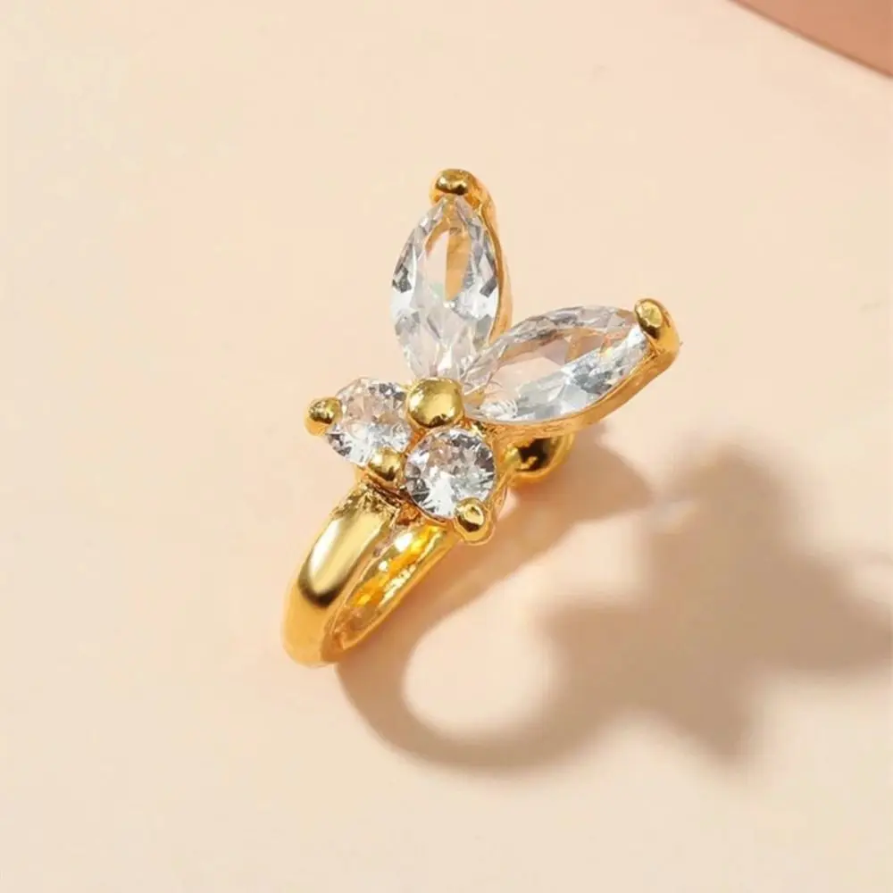 Anillo de nariz de mariposa con diamantes de imitación, de cobre con circonita, tipo clip, joyería corporal, piercing falso sin perforación, clip de oreja, para fiesta