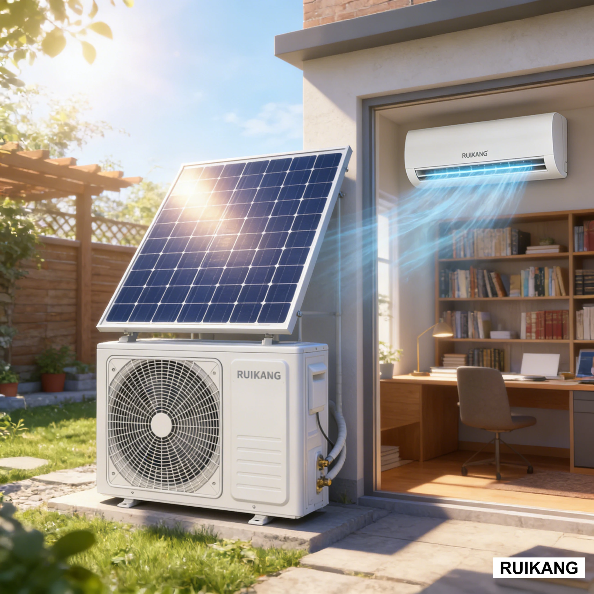 Ruikang Factory Wholesale 12000Btu Hybrid  AC DC Solar Powered Air Conditioner  Cooling  Solar Air Conditioner