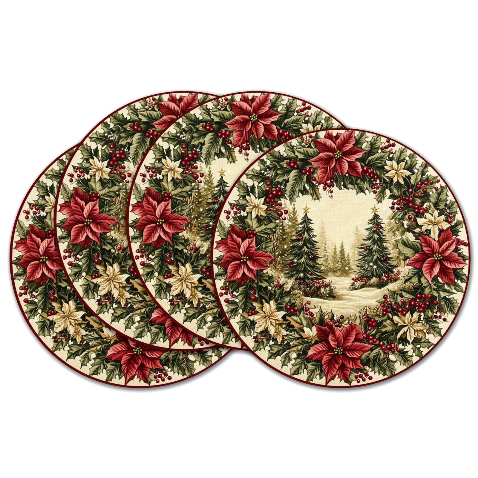 VIKAMA 4PC Christmas Holly Berry Meal Mat Snow Pine Forest Table Restaurant Christmas Desktop Decoration and Accessories