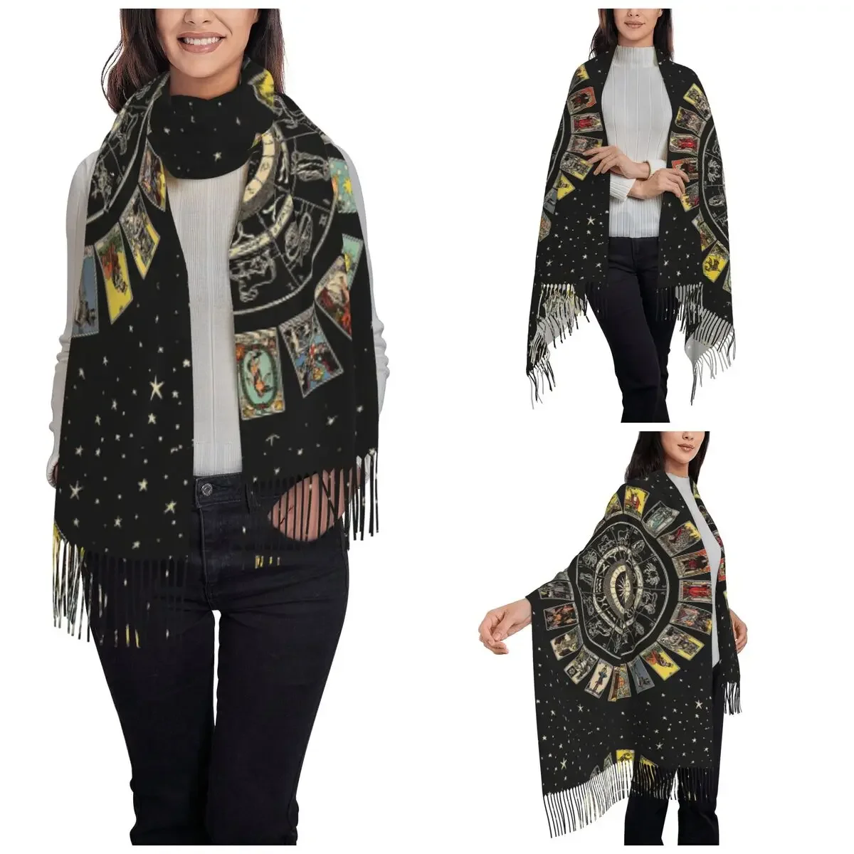 Women's Tassel Scarf Zodiac Astrology Chart Arcana Tarot Large Soft Shawl Wrap Witch Occult Pagan Vintage Gifts Cashmere Scarf