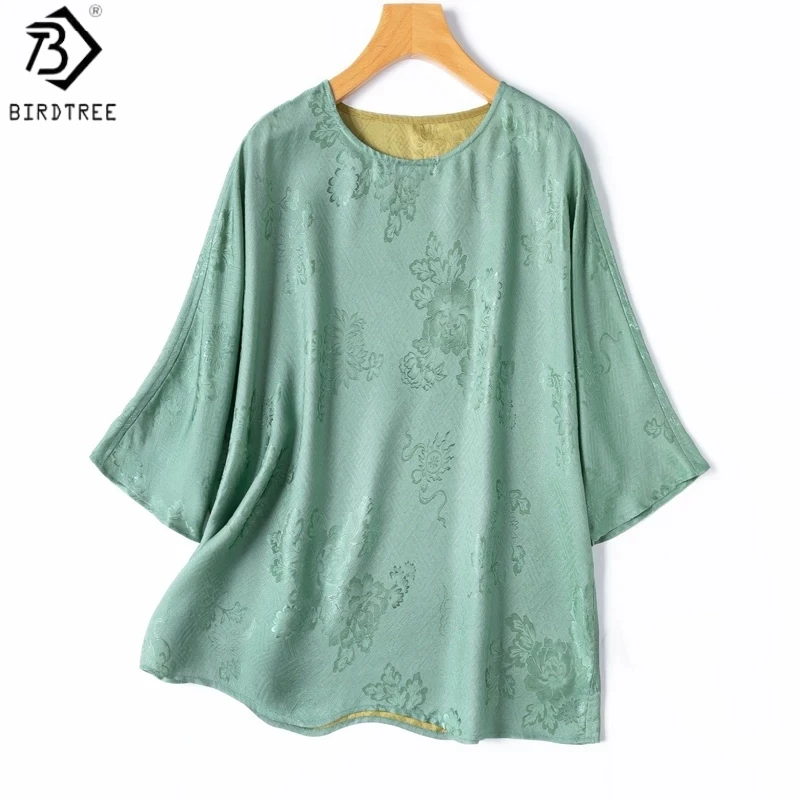 Birdtree, 100% Silk Reversible Tshirt, Raglan Sleeve O-neck Top, Women Floral Luo Jacquard Satin Shirt, 2026 Summer New T68615JF