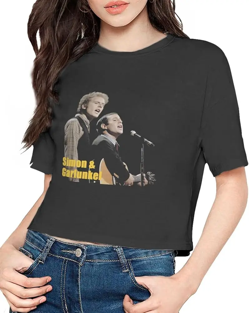 

Simon & Garfunkel Women's T-Shirt Casual Short Sleeve Cropped T Shirts Round Neck Crop Tops Tees Black