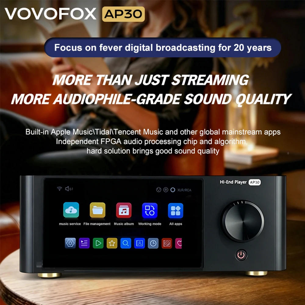 VOVOFOX AP30 Reprodutor de Música HiFi com Rede, Android 14, DAC DSD1024 PCM1536K para AirPlay, Roon, Tidal, Spotify