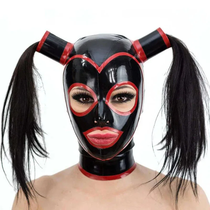 Резиновая маска с латексным капюшоном и двумя трубками с косичками и контрастной отделкой для комбинезона, косплея, вечерние черные парики hjk.5