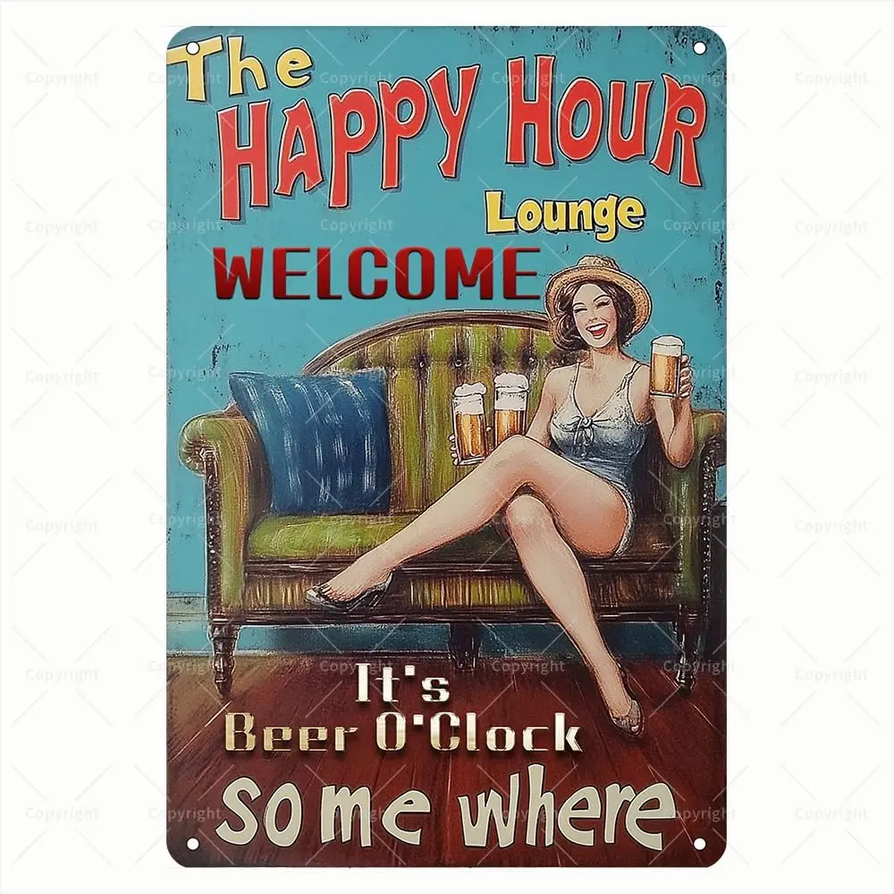 Vintage Tin Sign - The Happy Hour Lounge It;s Beer O;Clock Somewhere Pin-Up Girl with Beer Retro Metal Sign - Decorative Wall Ar