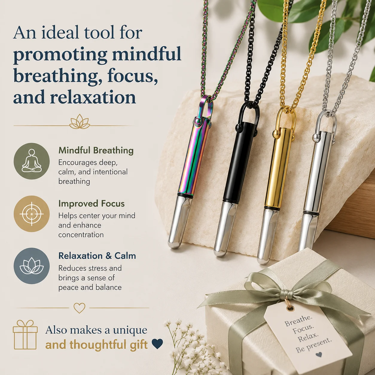 Mindfulness Training Whistle Necklace Metal With Cotton Core Relaxation Necklace Portable Yoga Necklace Necklace Men and Women