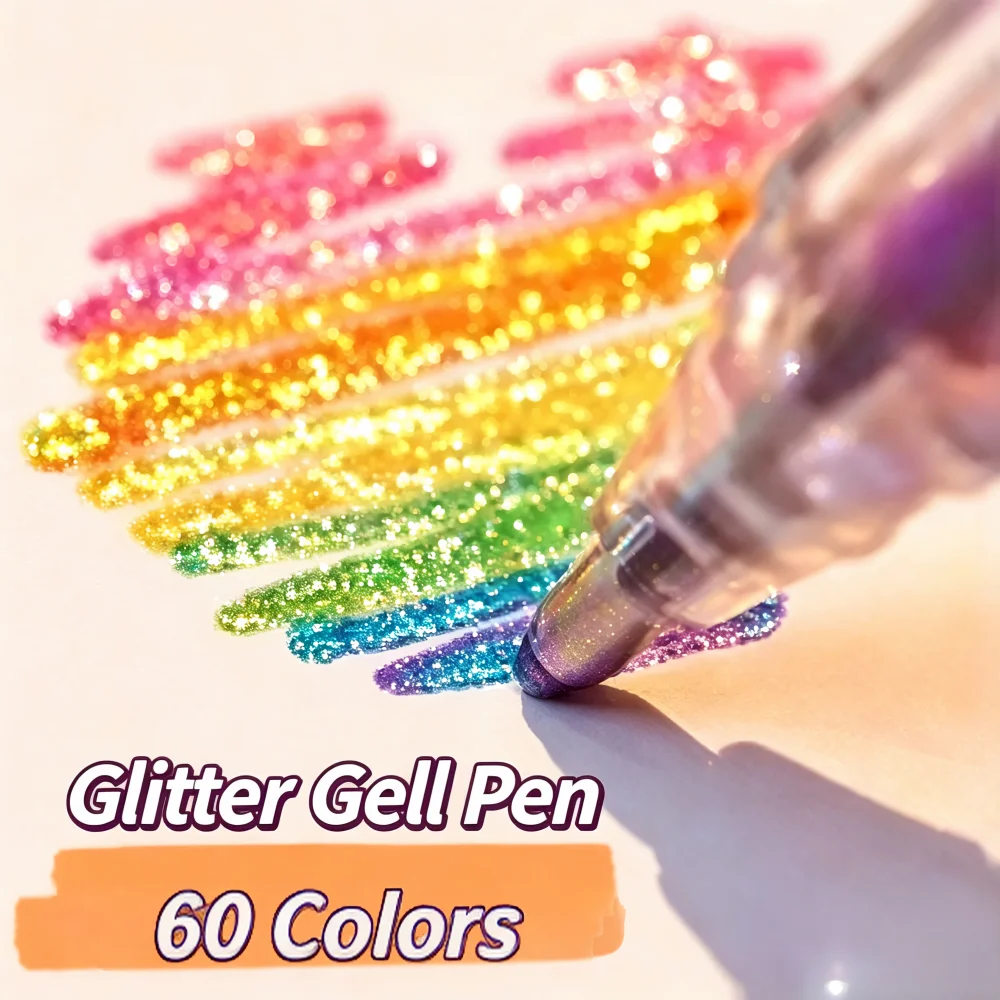Caneta Gel com Glitter de 8-60 Cores, Ponta de 1.0mm, Caneta Esferográfica Metálica com Glitter para Papel, Cartolina, Diário, Desenho, Marcação, Colorir, Arte DIY