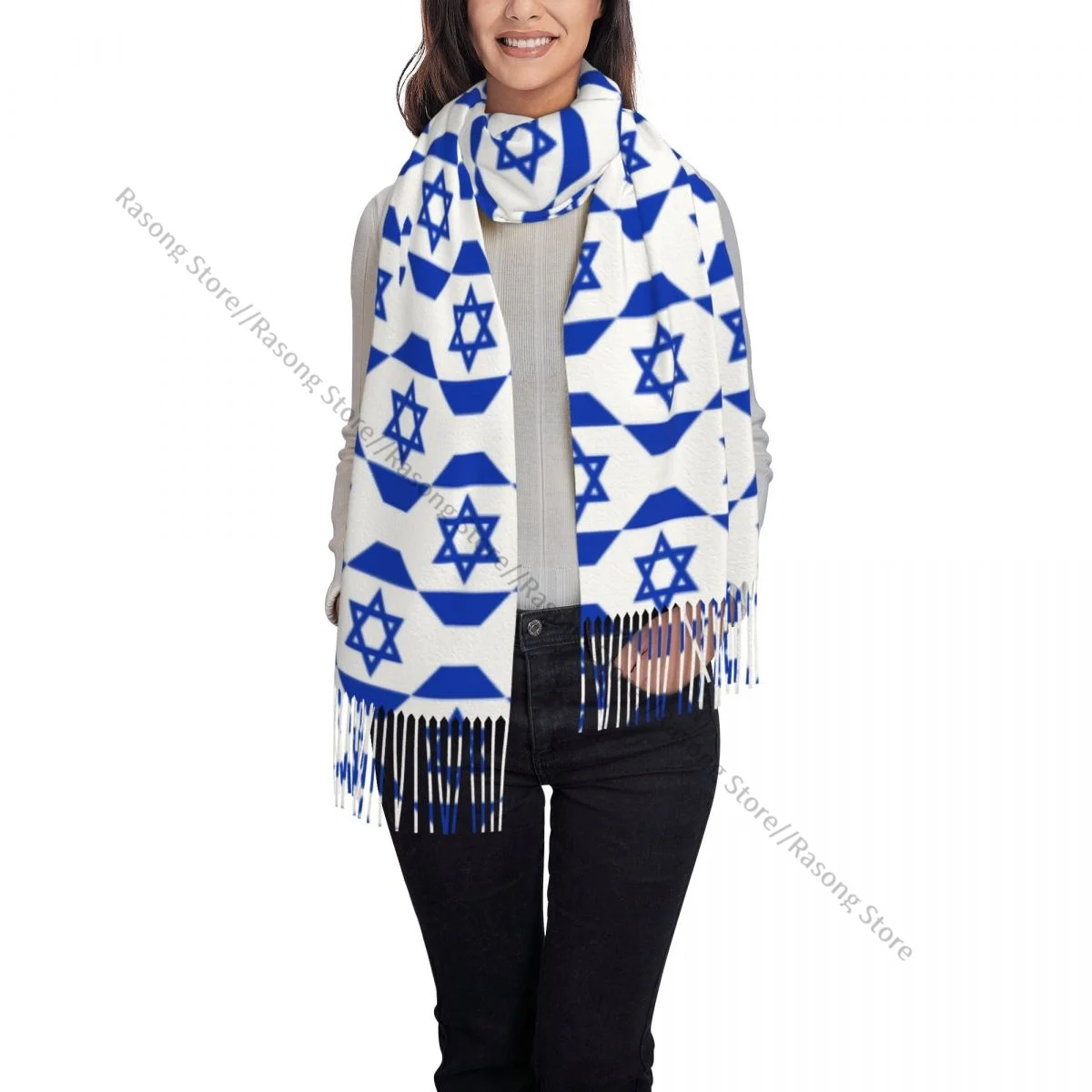 Winter Tassel Scarf Israel Flag Seamless Background Women Cashmere Scarves Neck Head Warm Pashmina Lady Shawl Wrap Bandana