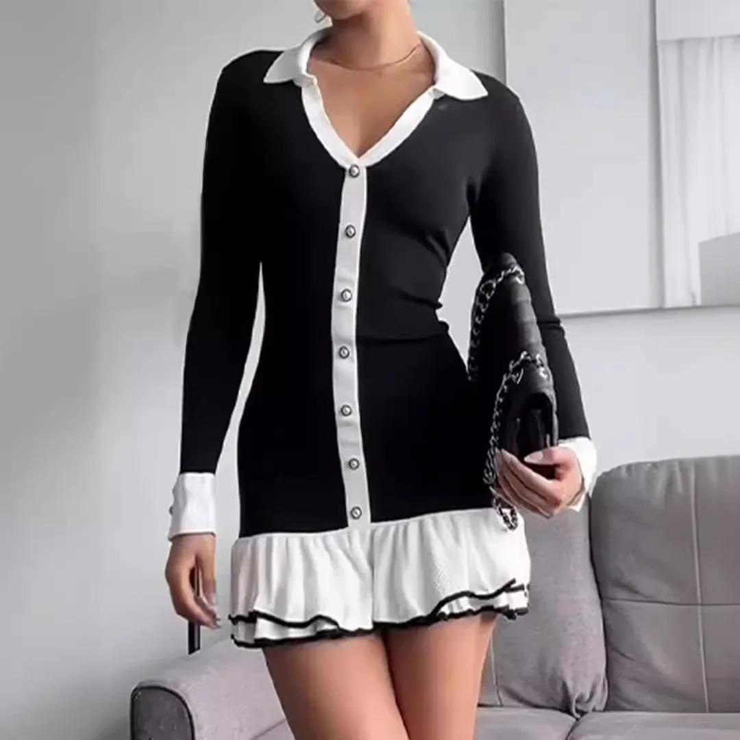 

Casual Ruffle Knit Long Sleeve Mini Dress Patchwork Ribbon Tie Back Button Embellished V Neck Hollow Out Office Ladies Dresses