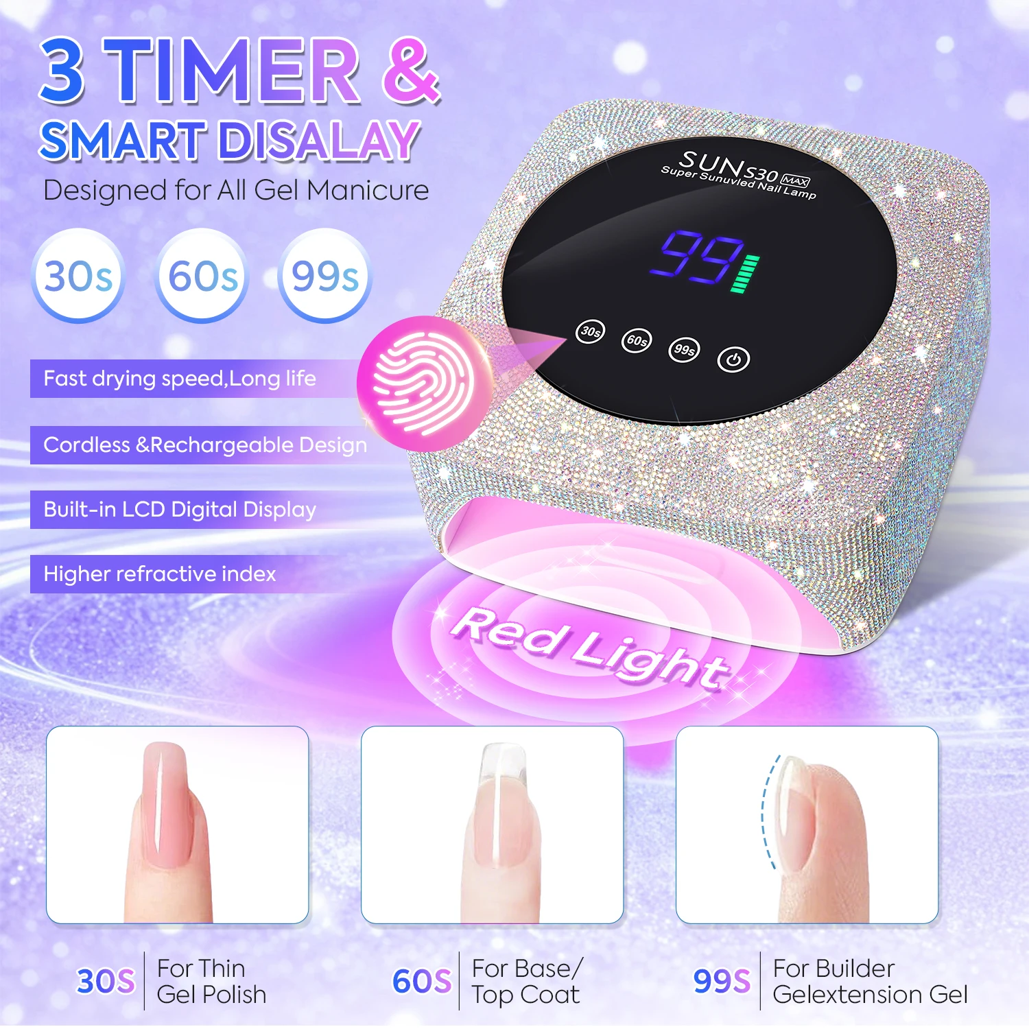 Lampada per unghie ricaricabile a LED UV da 180 W per unghie Lampada per polimerizzazione smalto gel wireless 57 LED con chiodo professionale a grande schermo