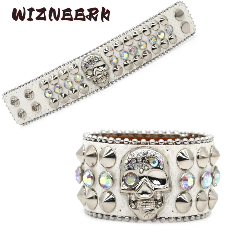 WIZNEERK Punk Y2K Teschio Bracciale con strass di lusso in pelle PU Hip-hop Romantico Goth Braccialetti di cristallo Accessori per feste regalo