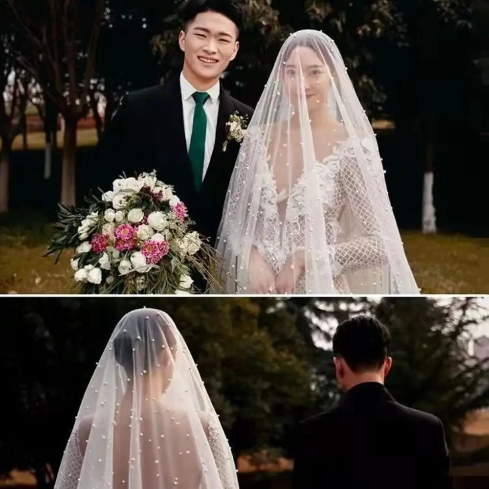 حجاب زفاف أبيض مغطى بالوجه، طول طويل، حجاب كاتدرائية أنيق، حجاب لؤلؤي رقيق، زفاف على شكل قلعة #4