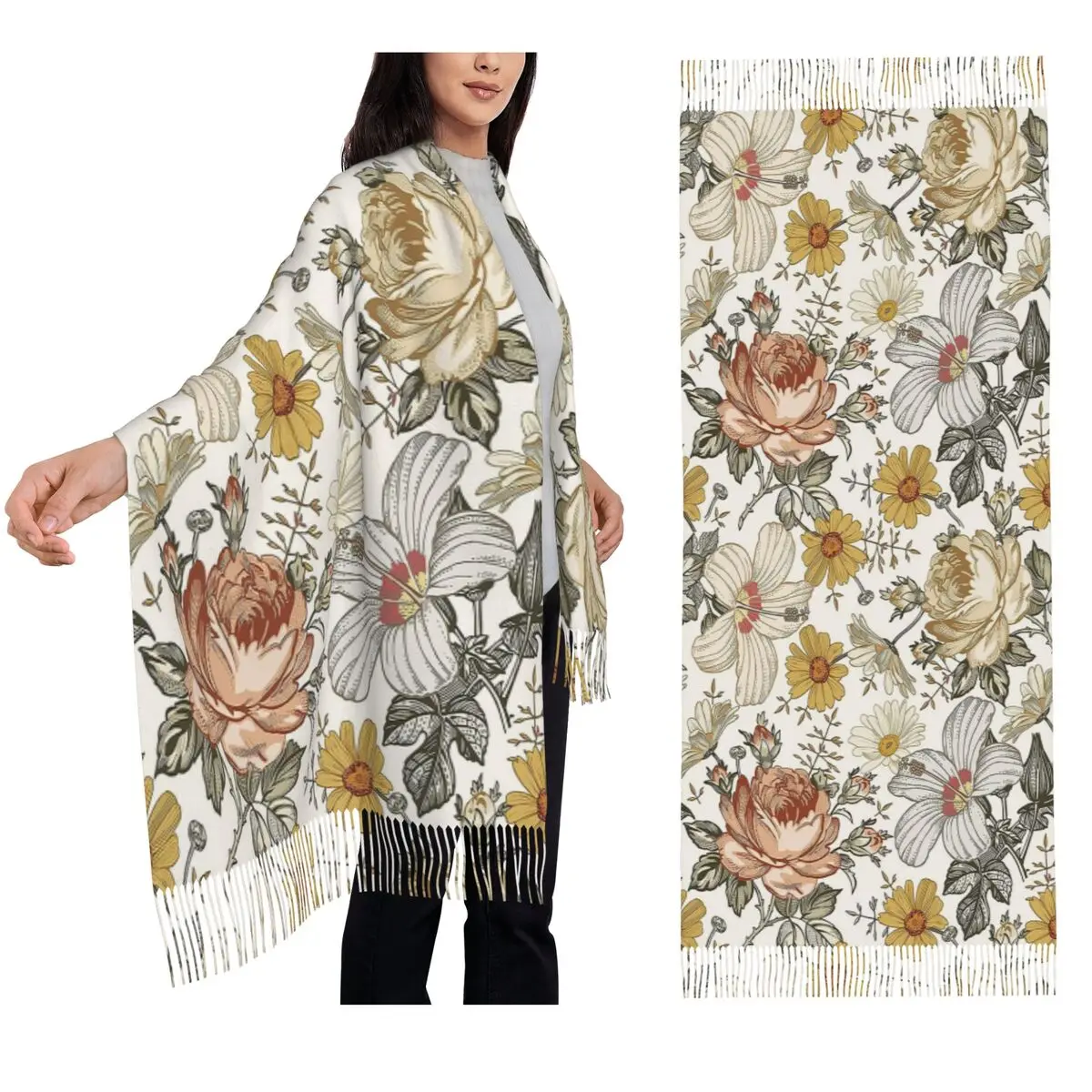 Bufandas con borlas y estampado floral de margaritas y peonías multicolores color Beige floreciente para mujer, chales y chales, chal largo