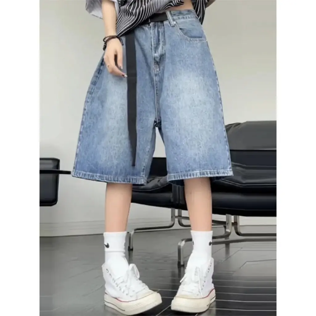 

Blue High-Waist Wide-Leg Jeans Women's Trendy Ins Chubby Girl Summer Pants Over-the-Knee Five-Point Shorts Straight-Leg Cowgirl
