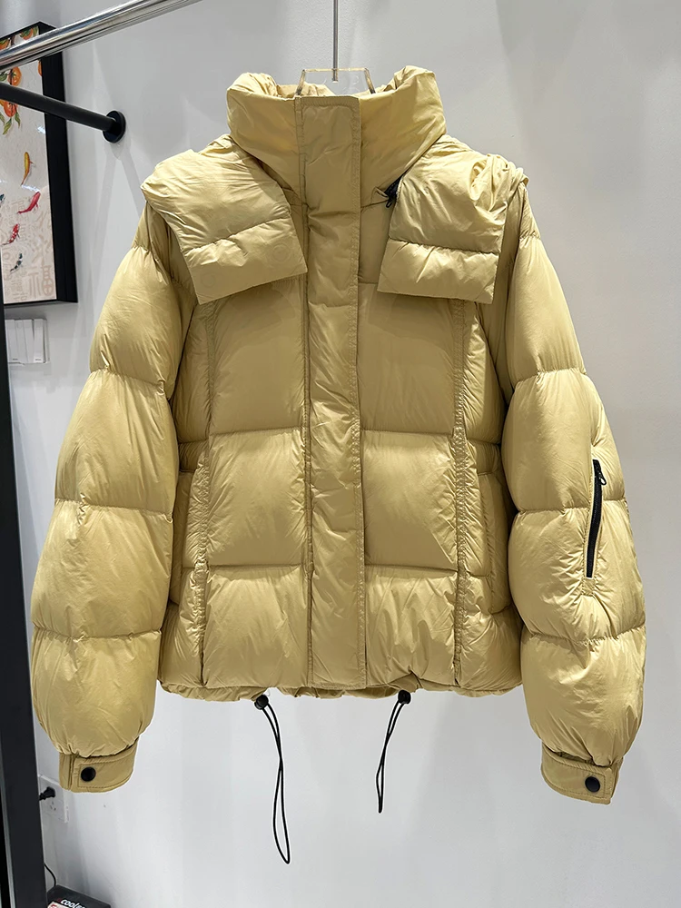 Zimowa Elegancja Krótka Kurtka Puchowa z Kapturem Damska Biała Kurtka z Puchu Kaczego ze Sznurkiem Damska Gruba Ciepła Luźna Kurtka Parker Odzież Wierzchnia