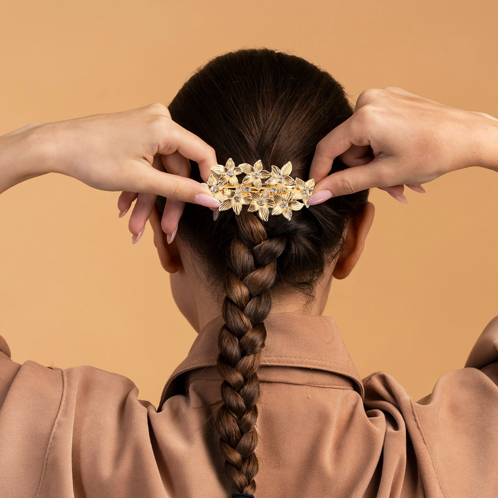 

Sparkling Elegant Rhinestone Barrette Golden Zinc Alloy Spring Accessories for Thick Hair Party Bridal Flower Women